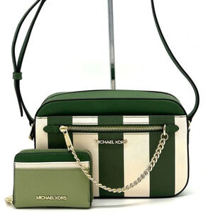Michael Kors Large EW Zip Chain Crossbody Bag & MD ZA Card Case Wallet Green